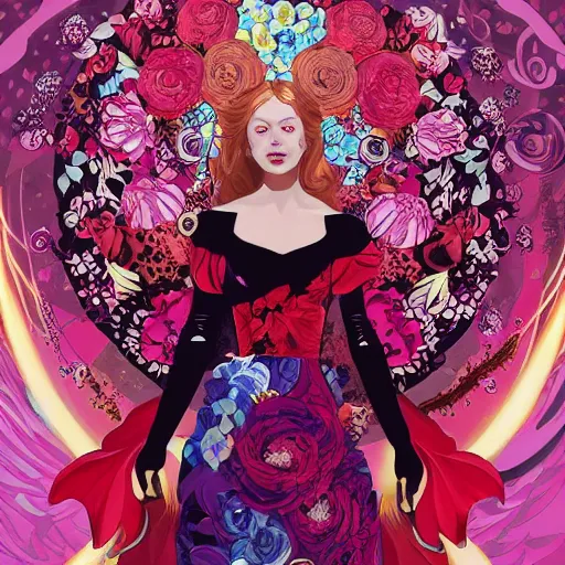 Image similar to scarlet witch in a swirling sundress of flowers, floral explosion, radiant light, vortex of plum petals, by WLOP, Tristan Eaton