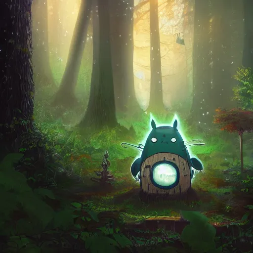 Image similar to A forest with a ray of light shining down onto the forest floor, tattered robot, totoro hiding behind tree, magical, enchanting, graveyard, studio ghibli, beautiful, fantasy, digital art, high detail, excellent quality, 4K, OLED