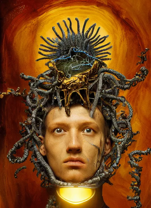 Prompt: portrait of king arthur knight medusa cyborg, kintsugi, modern fine art, fractal, intricate, elegant, highly detailed, digital photography, subsurface scattering, by jheronimus bosch and basquiat and greg rutkowski,