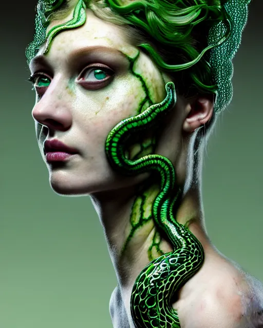 Image similar to hyperrealistic mixed media painting of beautiful Medusa, green scaley serpents in her hair, pale skin, devious expression, full body, stunning 3d render inspired art by P. Craig Russell and Barry Windsor-Smith + perfect facial symmetry + dim volumetric lighting, 8k octane beautifully detailed render, post-processing, extremely hyperdetailed, intricate, epic composition, grim yet sparkling atmosphere, cinematic lighting + masterpiece, trending on artstation, very very detailed, masterpiece, stunning