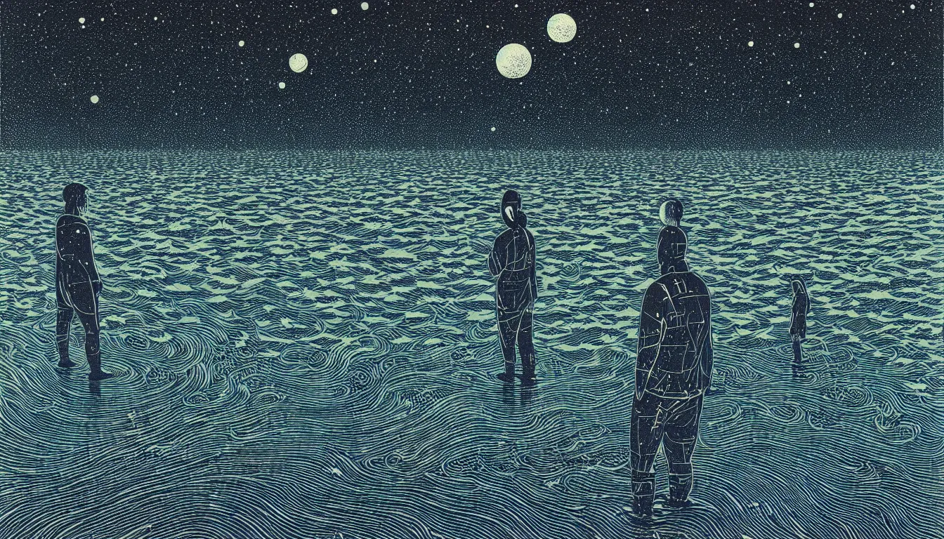 Image similar to standing in a lake looking at reflection of the night sky by woodblock print, nicolas delort, moebius, victo ngai, josan gonzalez, kilian eng