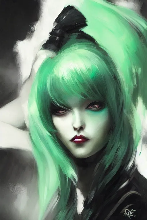 Prompt: woman with green hair wearing a black t - shirt with a cool design, by ross tran, oil on canvas