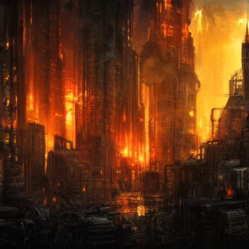 Prompt: dystopian cityscape on fire at night by john blanche, high detail, very intricate, 4 k, 8 k, artstation, video game concept art