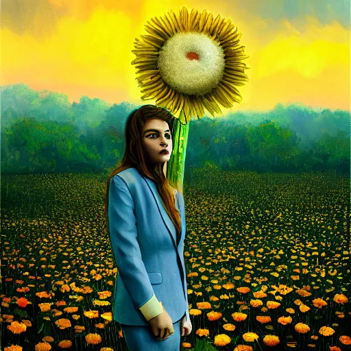 Image similar to giant daisy flower head, frontal, girl in a suit, surreal photography, sunrise, dramatic light, impressionist painting, digital painting, artstation, simon stalenhag