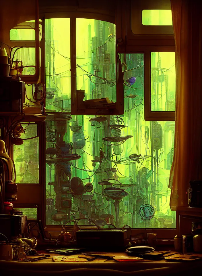 Image similar to telephoto 7 0 mm f / 2. 8 iso 2 0 0 photograph depicting the feeling of chrysalism in a cosy cluttered french sci - fi ( ( art nouveau ) ) cyberpunk apartment in a dreamstate art cinema style. ( ( computer screens, window rain, sink ( ( ( fish tank ) ) ) ) ), ambient light.