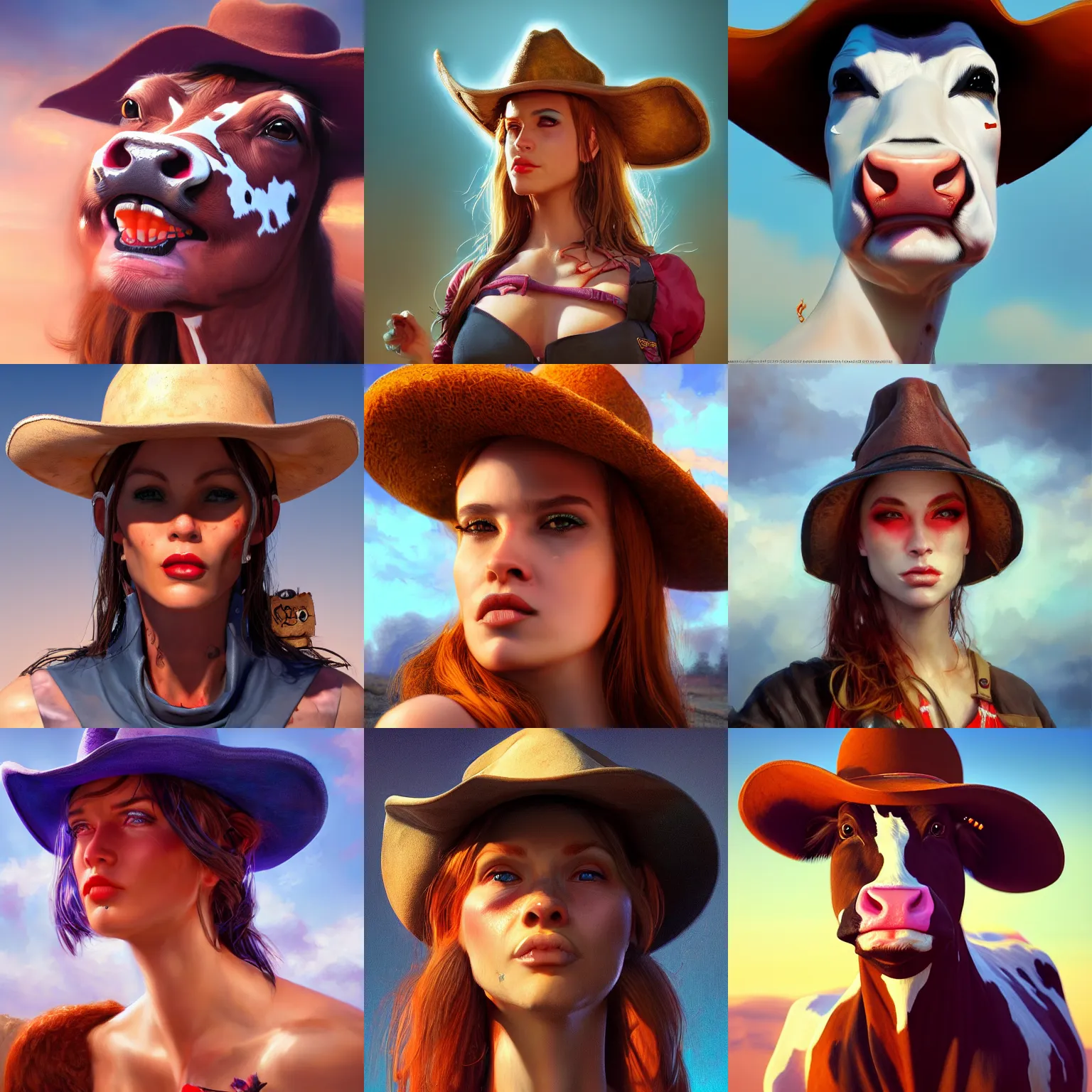 Prompt: cow-girl, beautiful face, vivid colors, sharp focus, digital art, Hyper-realistic, 4K, Unreal Engine, Highly Detailed, HD, Dramatic Lighting by Brom, trending on Artstation