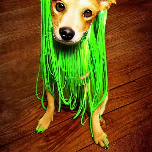 Image similar to green spaghetti dog cat hybrid photograph