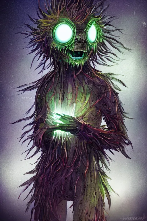 Prompt: a glowing humanoid figure dandelion monster with large glowing eyes, highly detailed, digital art, sharp focus, trending on art station, artichoke, anime art style