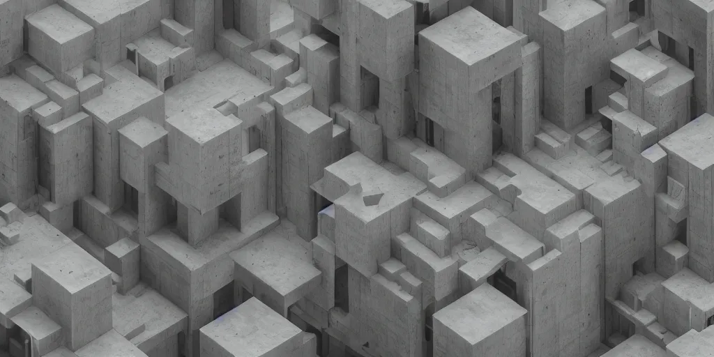 Image similar to cube city, realistic, highly detailed, concrete architecture,