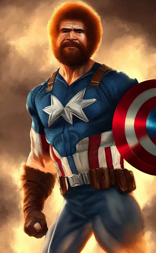 Image similar to bob ross as captain america, dynamic lighting, cinematic, ultra detailed, trending on art station, stunning visuals, creative, fantasy concept art