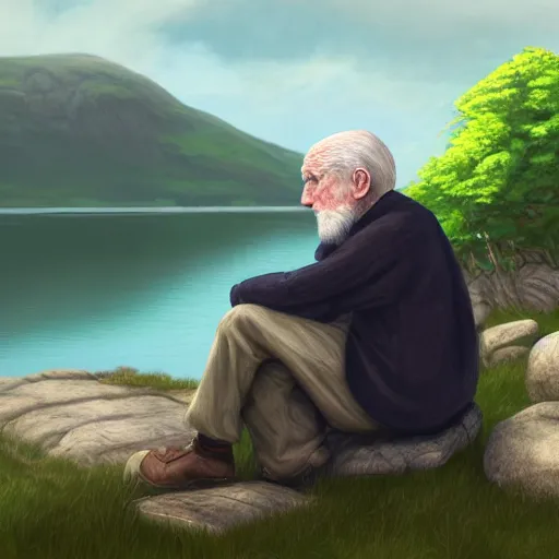 Prompt: portrait of an old irish man sitting on a stone in a grove in ireland next to a lake, highly detailed, digital painting, concept art, sharp focus, by makoto shinkai