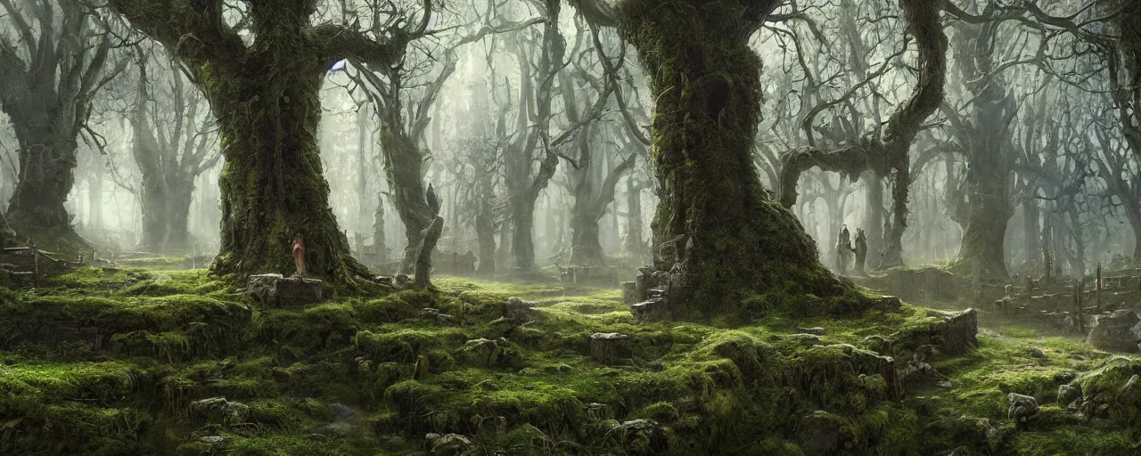 Prompt: a painting of a gothic medieval village in a mossy forest with giant trees, stunning intricate matte painting by senior environment artist, cgsociety, fantasy art