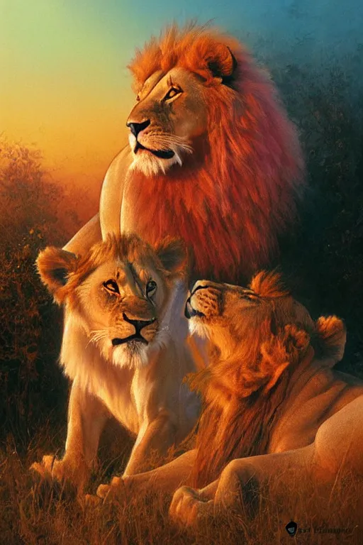 Image similar to spiritual twin flame lioness and lion art pink sunset hue highly detailed oil painting hue by craig mullins