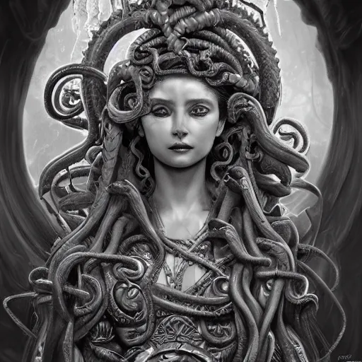 Image similar to intricate detailed artwork of medusa sat on a throne. concept art, artstation, deviantart, cgsociety. 4 k