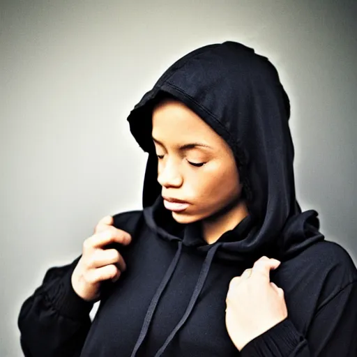 Image similar to “ A female with a black hoodie”