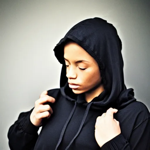 Girl wearing cheap black hoodie