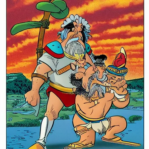 Image similar to Asterix & Obelix in the style of Jean Giraud, Moebius