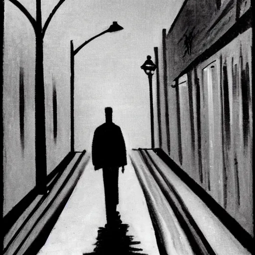 Image similar to a dark city street, streetlight, man walking, german expressionism