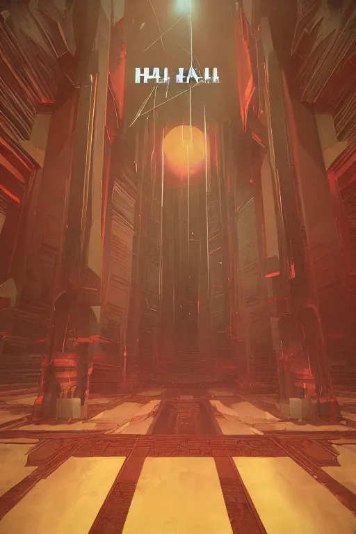 Image similar to Artwork by Beeple of the cinematic view of the Hall of Iron Agony, Infernal, Writings.