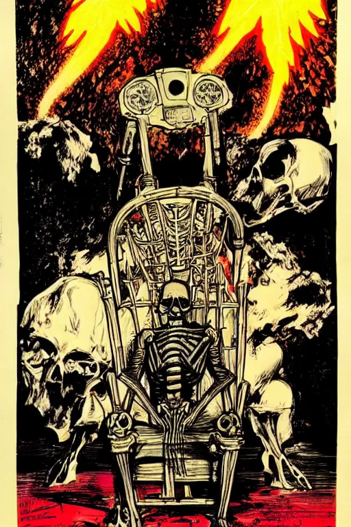 Prompt: Poster art of a Skeleton sitting in a chair sunbathing, with a nuke exploding in the background by Neal Adams