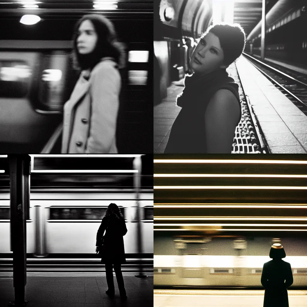 Prompt: A portrait photography of a Caucasian woman from behind standing and waiting in a subway platform. A train is passing by. Noir style. Cinematic frame. Cinestill 800T film. Lens flare. Contrast. Film grain. Depth of field. Swirly bokeh.