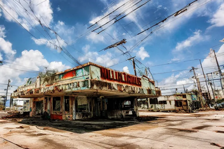 Image similar to low wide angle shot of dilapidated fallout 5 miami, tropical coastal city, desolate, dilapidated neon signs, few rusted retro futuristic vintage parked vehicles like cars, buses, trucks, trams, volumetric lighting, photorealistic, fog, daytime, autumn, overcast weather, sharp focus, ultra detailed, 4 0 0 0 k