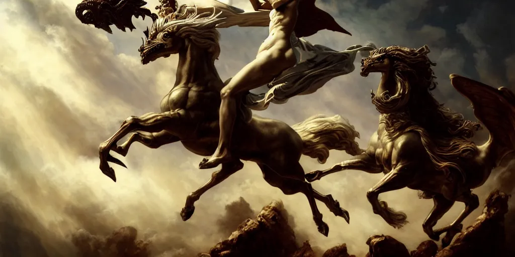 Image similar to Bellerophon riding Pegasus and slaying the Chimera, by Rolf Armstrong and Evelyn De Morgan and Bastien Lecouffe-Deharme, dramatic lighting, high contrast colors, baroque, empyrean, panoramic view, as trending on Artstation, highly detailed, doom engine,