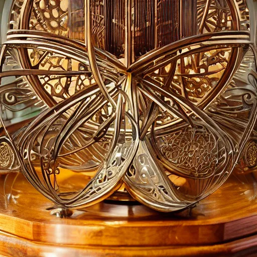 Prompt: a well - lit photo of an intricate steel filigree art nouveau orrery on a wooden table, beautiful, detailed, flowing curves, with colored marble planets and a golden sun