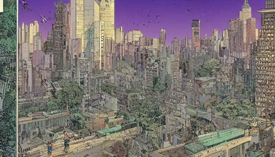 Prompt: ligne claire art of a future city intertwined with nature, street-level view, by Moebius, Eisner award-winning spread