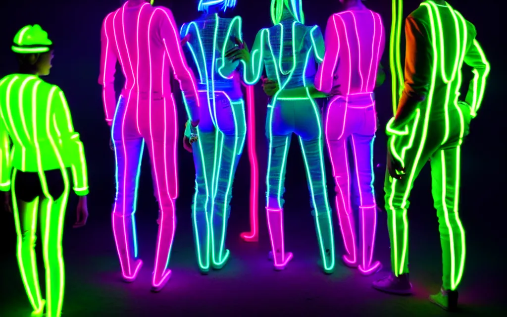 Image similar to love, diverse neon cybersuits, from behind, wide wide angle, vivid, elaborate, highly detailed, beautiful lighting