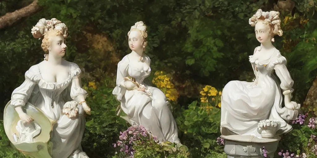 Prompt: 3 d meissen figurine from the 1 7 0 0 s, realistic, in a garden, in the art style of romanticism, oil painting and art noveau