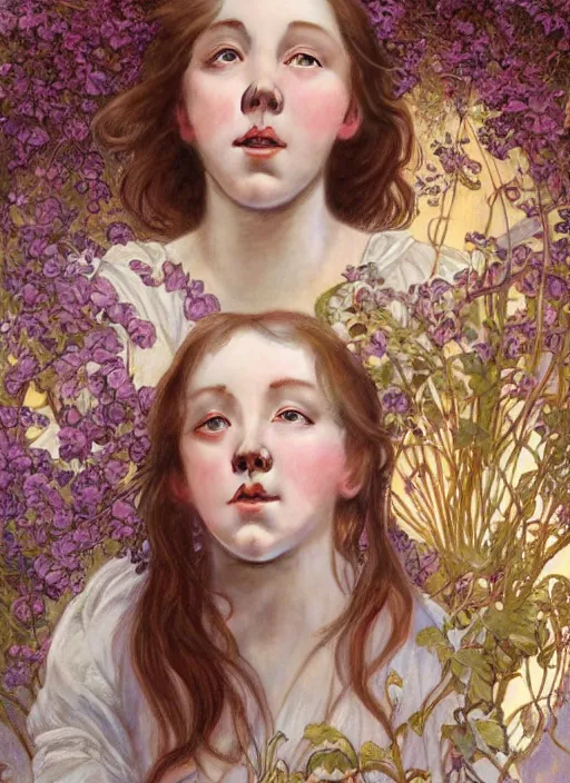 Prompt: realistic detailed painting of a 1 6 - year old girl who resembles millie bobby brown and saoirse ronan and anya taylor joy, soaking wet and mouth open in complete surprise, by alphonse mucha, ayami kojima amano, charlie bowater, karol bak, greg hildebrandt