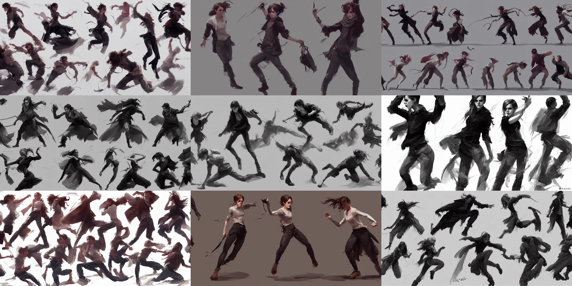 Prompt: emma watson character studies action motion poses extreme foreshortening extreme perspective techniques sketches greg rutkowski extreme foreshortening