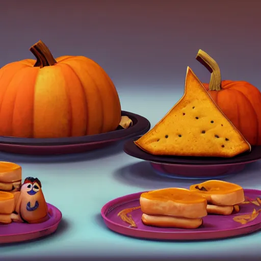 Prompt: concept art full view of a plate with three delicious turnovers with pumpkin glazing in the style of pixar and coco, octane render, cinema 4 d, isometric, farmville