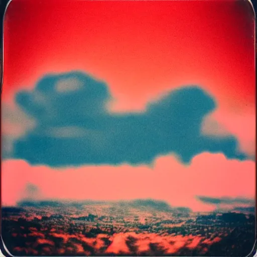 Image similar to vintage polaroid of an alien landscape, detailed clouds, planets visible in the sky, warm azure tones, red color bleed, film grain