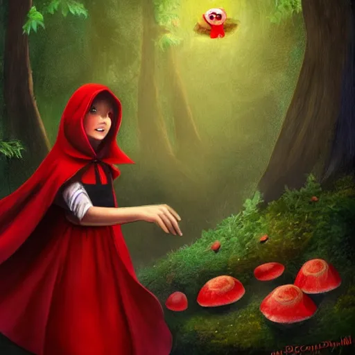 Image similar to little red riding hood is picking mushrooms in the forest digital art,oil painting,trending on artstation.