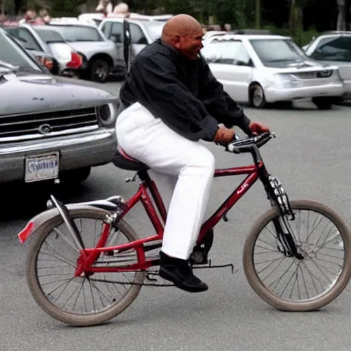 Prompt: mike tyson riding very very small bike