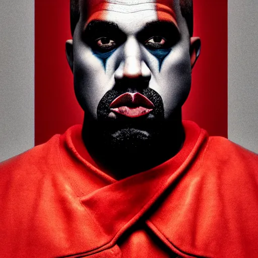 Image similar to Portrait of Kanye West with the joker makeup, splash art, movie still, cinematic lighting, dramatic, octane render, long lens, shallow depth of field, bokeh, anamorphic lens flare, 8k, hyper detailed, 35mm film grain