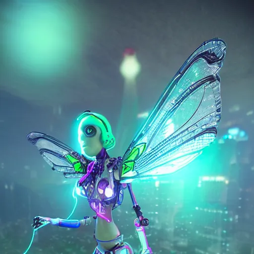 Prompt: A robotic fairy flying, neon, futuristic, intricate details, unreal engine ,realistic