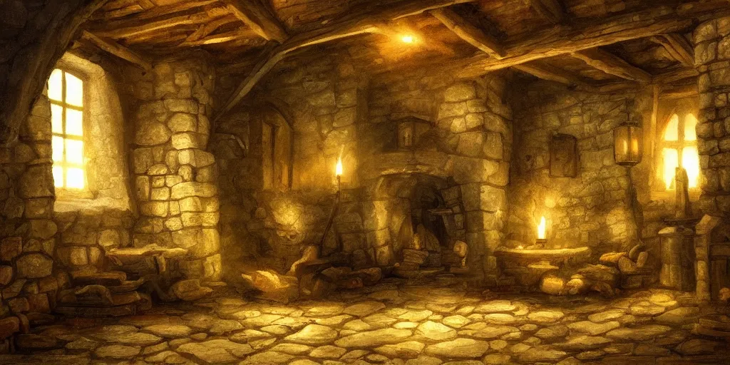 Prompt: medieval cottage interior at night, fantasy