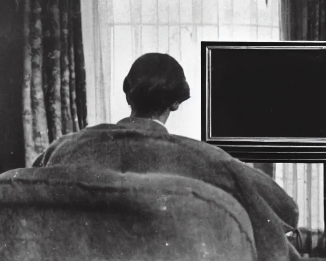 Image similar to 1 9 0 0 s photo of a person watching a flat screen hd tv