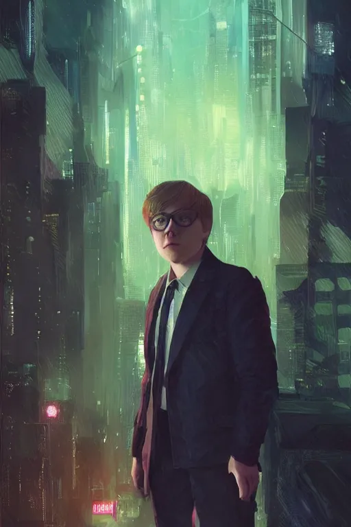 Image similar to portrait of Rupert Grint as Ron Wisly in cyberpunk, neon lighting, night city, digital art from artstation by Ruan Jia and Mandy Jurgens and Artgerm and william-adolphe bouguereau and Greg Rutkowski and Wayne Barlowe