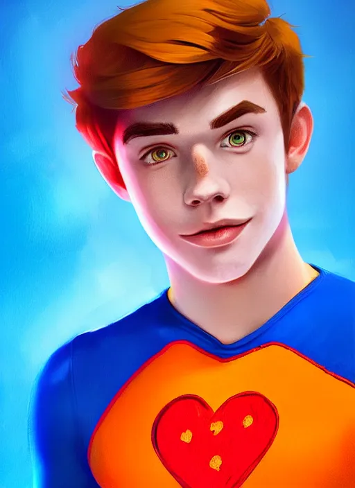 Image similar to friendly teenage archie andrews wearing an orange superhero costume with heart logo, heart, freckles, blue cape, heart emblem on chest, blue cape, intricate, elegant, glowing lights, highly detailed, digital painting, artstation, sharp focus, illustration, art by wlop, mars ravelo and greg rutkowski