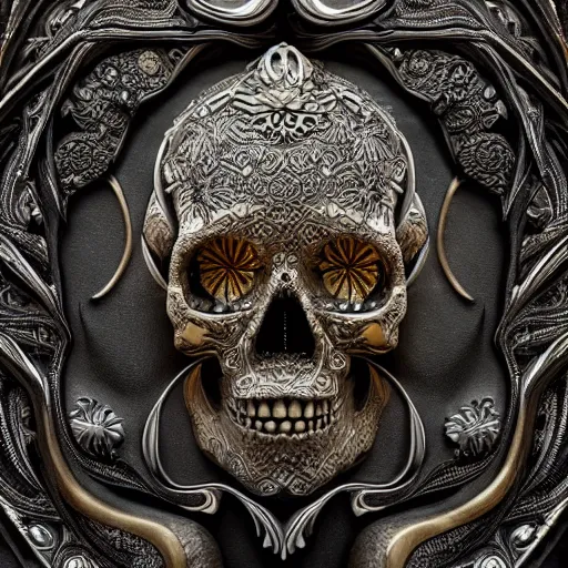 Prompt: skull in black concrete with intricate gold inlay carving in art nouveau style, hyper detailed, insane details, intricate, elegant, luxury, dramatic lighting, CGsociety, hypermaximalist, golden ratio, fog, overcast lighting, moody atmosphere, environmental key art, octane render, weta digital, micro details, 3d sculpture, ray trace, 8k