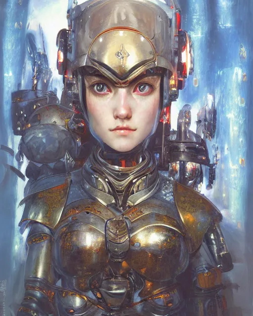 Image similar to portrait of cute beautiful young sister of battle in armor, cyberpunk, Warhammer, highly detailed, artstation, illustration, art by Gustav Klimt and Range Murata