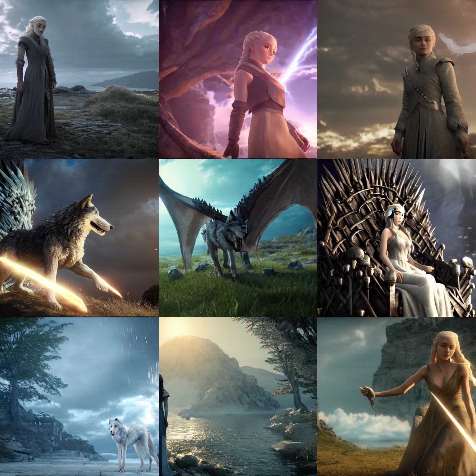 Prompt: A screenshot from Game of Thrones featuring an anime wolf girl, unreal engine, ray tracing, god rays, DAZ, 4K, UHD, octane render, cinematic, volumetric lightning, game engine, Kyoto Animation, Yen Press