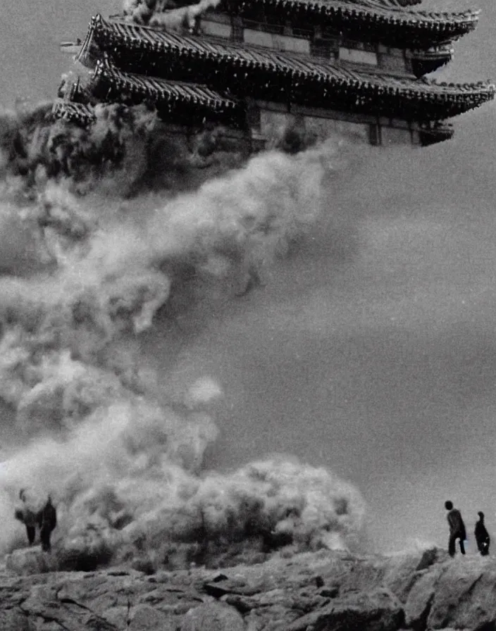 Image similar to a filmstill of a north korean monster movie, kaiju - eiga monster starfish - like trampling a traditional korean palace, kodachrome, film noir, dream - like, etheral, explosions, thriller, by akira kurosawa and wes anderson video compression