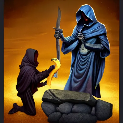 Image similar to a hooded cultist is stabbing a banana placed on an altar, in front of a stone statue of a forgotten god, by patrick mcenvoy and michael komarck and fantasy flight, incredible quality, trending on artstation