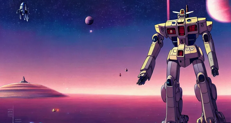 Image similar to a beautiful cinematic view of a walking humanoid mecha on a tropical island paradise, underneath a star filled night sky, warm coloured, gigantic pillars and flowers, maschinen krieger, moebius, star trek, gundam, film, atmospheric perspective