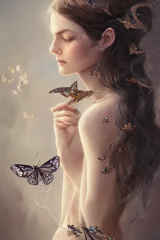 Prompt: beautiful maiden with butterfly hair and snakes, intricate, elegant, highly detailed, digital painting, artstation, concept art, smooth, sharp focus, illustration, art by WlOP